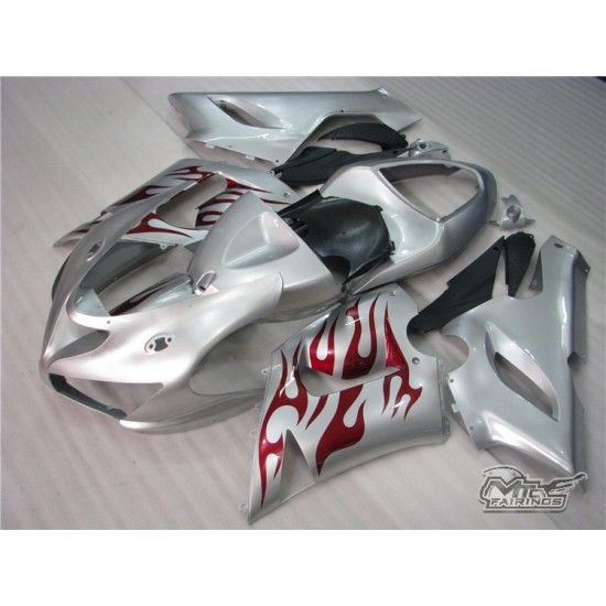 Kawasaki Ninja ZX-6R Red Flame & Silver Motorcycle Fairings (2005-2006)